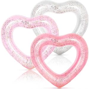 Whaline 3Pcs Inflatable Heart Pool Float Swim Heart Shaped Pool Rings Float Loungers Tube for Summer Swimming Pool Beach Bachelorette Party (47.3 x 39.4 Inch, Glitter Multi Color)