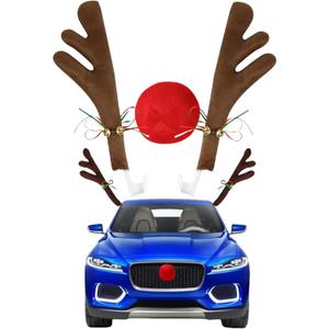 Car Christmas Decoration, Car Reindeer Antlers and Nose Set, Brown Christmas Reindeer Car Costume Christmas Antlers for Truck SUV Car Decor,Xmas Gift Set