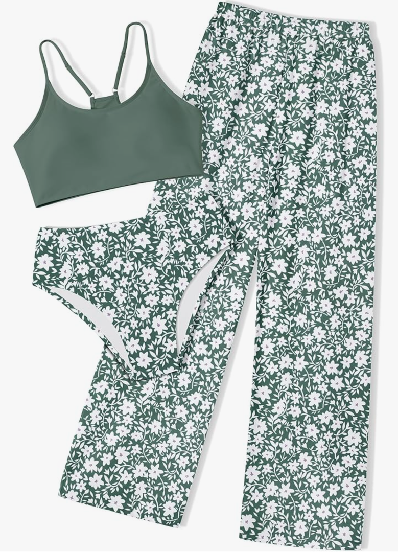 NECIOUS Girls Swimsuit, 3 Piece Bikini Bathing Suit Tropical Floral Swimwear with Cover Up Pants 9-10Y Green Floral