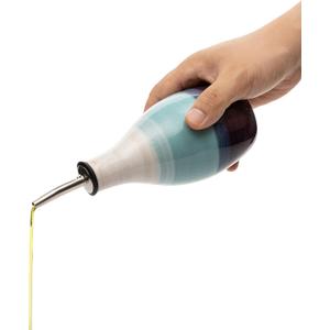 Ceramic Olive Oil & Vinegar Dispenser Bottle - 400ml Cruet with Pourer & Stopper - Perfect Home Decor Gift - 6" H x 3" W (Blue)