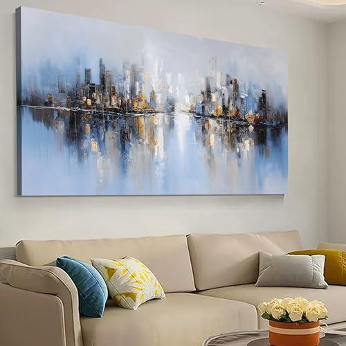 Tarfupth Large Abstract Cityscape Wall Art for Living Room Modern Blue Picture Grey Artwork for Bedroom Office Home Office Canvas Prints 29"x58"