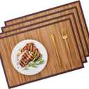 Bamboo Placemats with Fabric Border Set of 4 Natural Bamboo Rectangular Rolling Table Mats for Dining Kitchen Table Heat Resistant Table Protection Light Brown