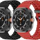 2 Pack Ocean Bands Compatible with Samsung Galaxy Watch Ultra 47mm (2025/2024) Women Men, Adjustable Breathable Silicone Strap for Galaxy Watch Ultra Bands (Black/Red)