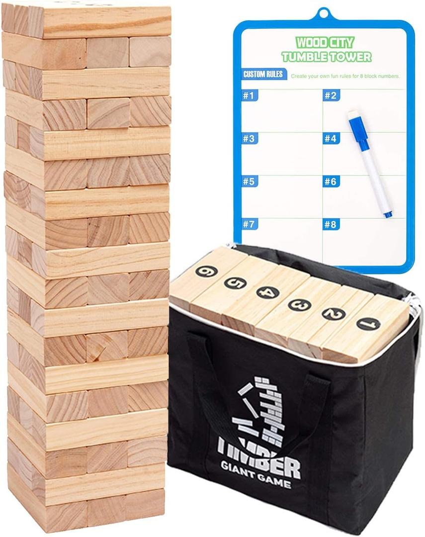 WOOD CITY Giant Tumbling Timber Tower Game (Stacking from 2 to 4 Feet), Classic Jumbo Outdoor Game for Adults Kids Family, 54 Pieces Premium Pine Wood Blocks Toy