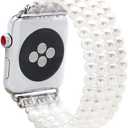 KAI Top Beaded Bracelet Compatible with iWatch Band 38mm 40mm 41mm 42mm  Women, Stone Beaded Elastic Stretch Replacement Strap for Apple Watch Ultra SE Series 10 9 8 7 6 5 4 3 2 1 (white pearl)