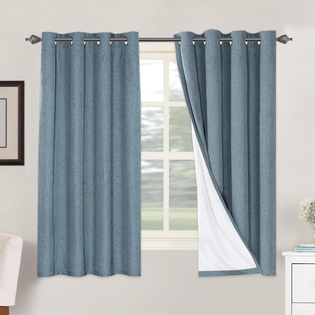 H.VERSAILTEX Linen Blackout Curtains 63 Inches Long 100% Blackout Thermal Insulated Textured Linen Look Curtain Draperies Anti-Rust Grommet, Energy Saving with White Liner, 2 Panels, Stone Blue , W52 x L63in