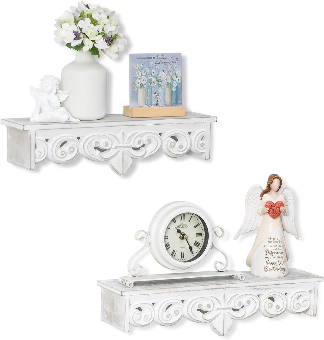 White Wall Shelves French Country Decor - Vintage Floating Shelf Antique Wood Wall Decor Farmhouse Rustic Hanging Shelves for Living Room Bedroom (16.5"+15")