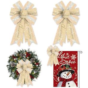 ALIBBON 2 Pcs Merry Christmas Bows for Wreaths, Christmas Wreath Bows, Glitter Gold Bows, Snowflake Bows for Front Door, Christmas Decor, Holiday Craft Bows for Indoor Outdoor Wall Window Decoration