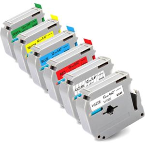 Labelwell 6P M-Tape 12mm 0.47 Replacement for Brother P Touch Label Maker Tape M-K231 M-K131 M-K431 M-K531 M-K631 M-K73 for Ptouch PT-M95 PT-70BM PT-65 PT-70 PT-80, White/Clear/Red/Blue/Yellow/Green