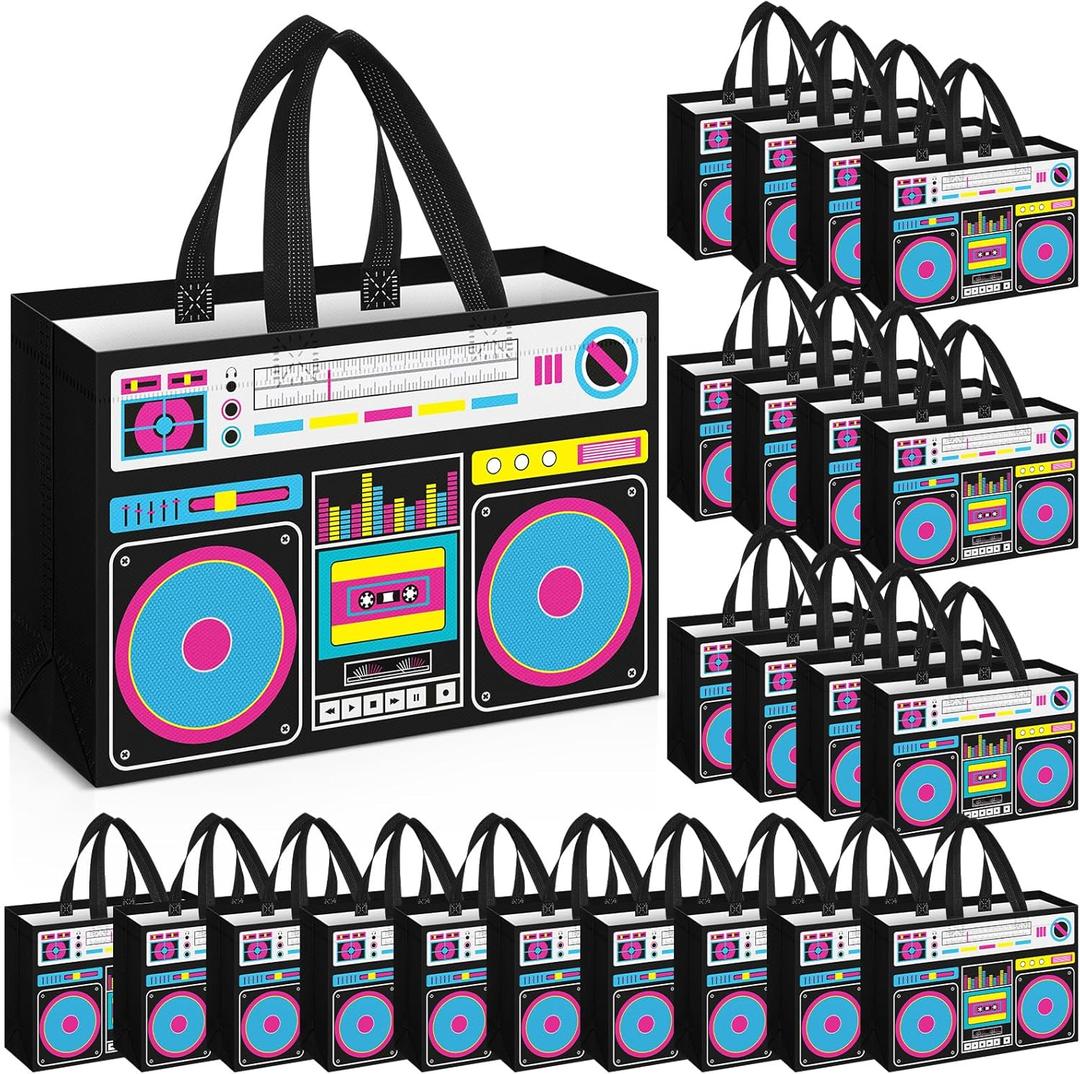 24 Pcs 80s90s Party Favor Bags Non Woven Retro Radio Grocery Bags for Hip Hop Birthday Disco Rock Party (Black)
