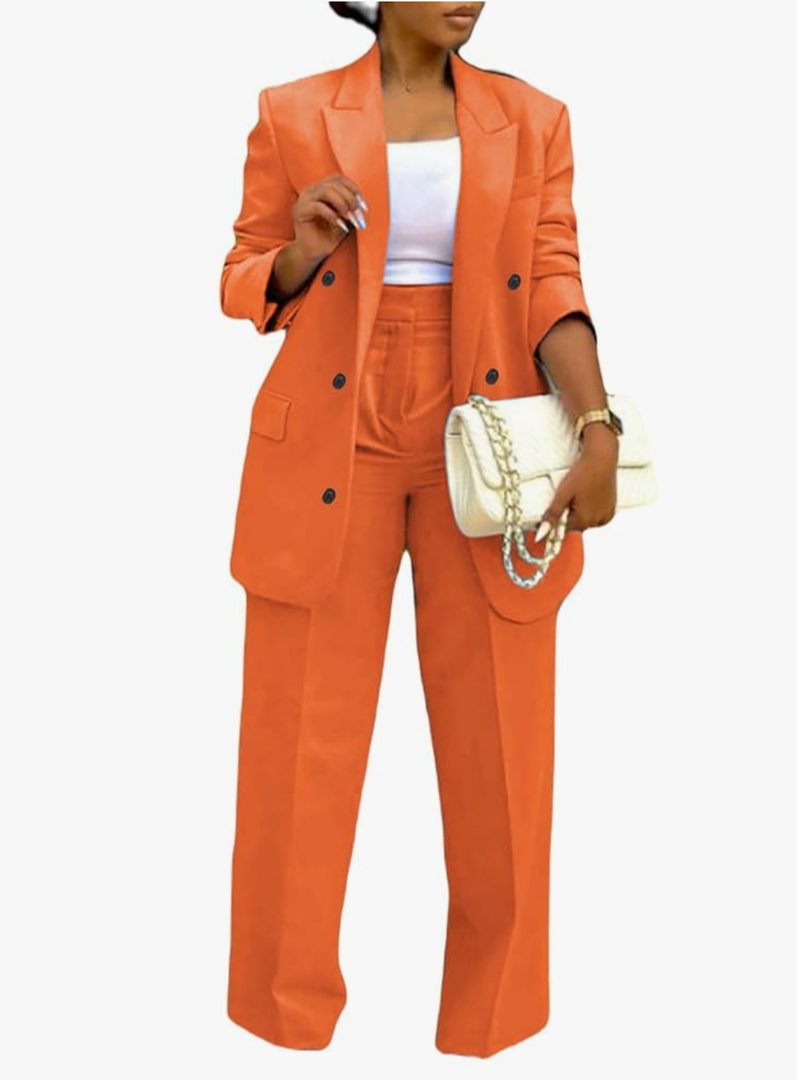 LROSEY 2 Piece Outfits for Women Dressy Double Breasted Blazer Jackets High Waisted Wide Leg Pants Suits Set Casual Business, Size 2XL