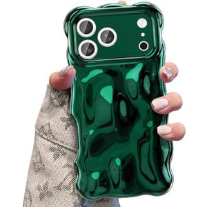 UEEBAI Ripple Case for iPhone 17 Pro Max, Cute Silver Cover Wave Shape for iPhone Case Pretty Aesthetic 3D Phone Cover, Water Ripple Shell 3D Chrome Design for Women and Girl, Deep Green