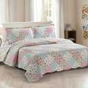 Pink and Green Rose Patchwork, 3-Piece Quilt Set with 2 Shams, Reversible Bedspread, Soft Lightweight Coverlet, All-Season, King, Pink Green