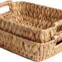 StorageWorks Hand-Woven Large Storage Baskets with Wooden Handles, Water Hyacinth Wicker Baskets for Organizing, 2-Pack (Medium)