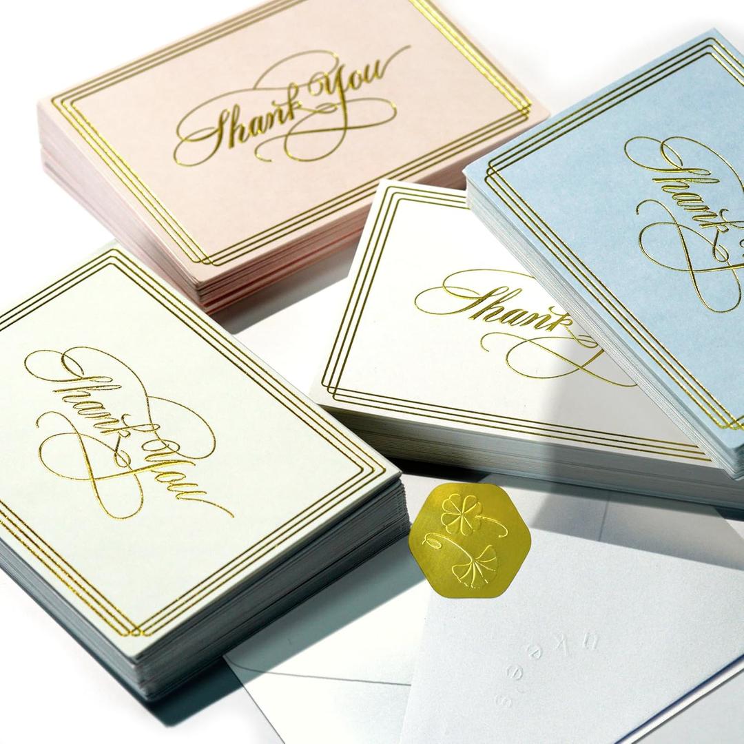 ukee's 100-Pack Luxury Thank You Cards with Envelopes Bulk - Blank Thank You Notes with Matching Stickers, Gold Foil Calligraphy & Borders, 4 Colors w/Gift Box for Wedding/Small Business/Baby/Graduations/Birthday