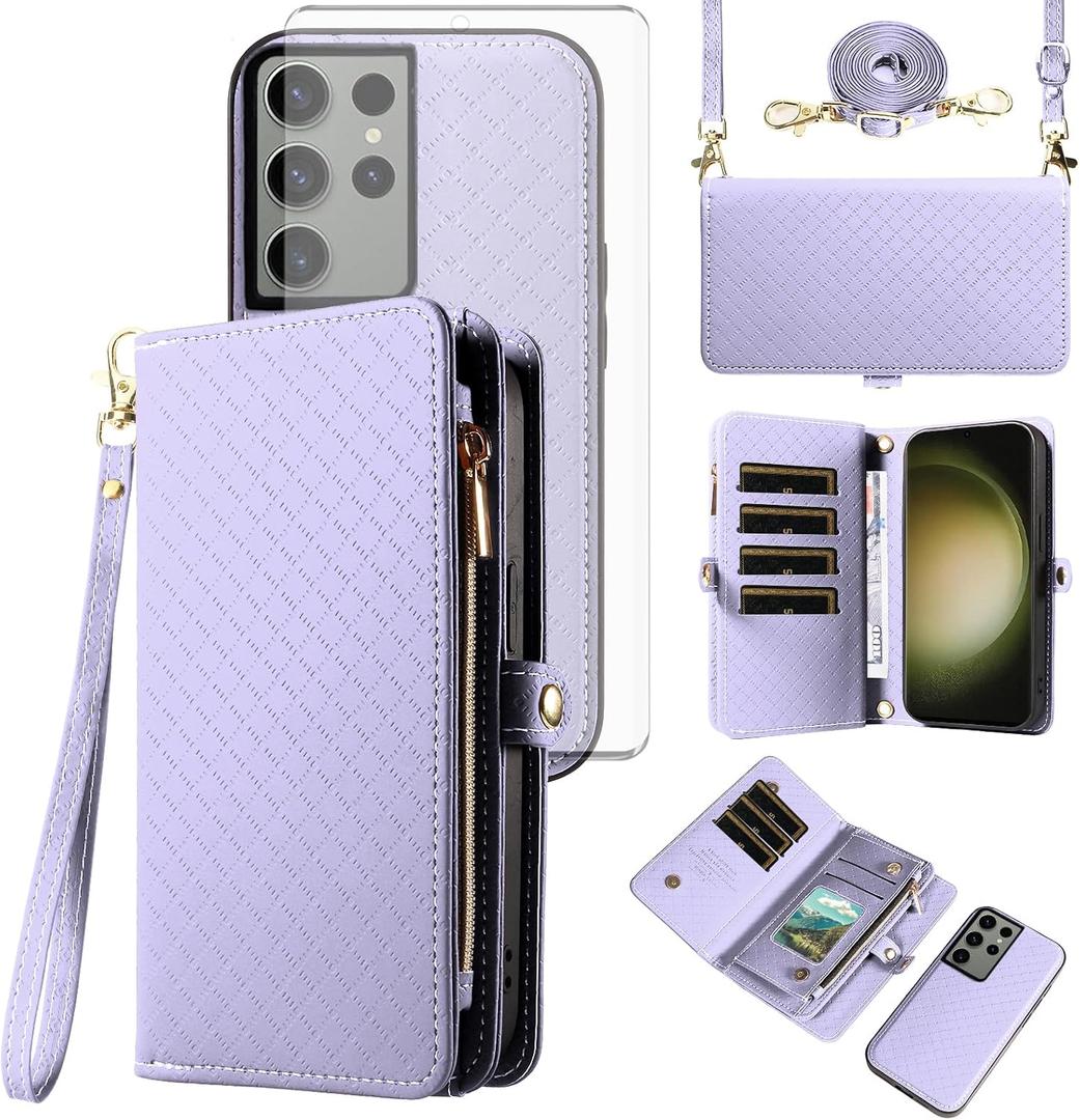 Asuwish Phone Case for Samsung Galaxy S23 Ultra 5G Zipper Wallet Detachable Cell Cover with Tempered Glass Screen Protector Strap Flip Card Holder Slot S23Ultra 23S S 23 23Ultra 6.8 inch Women Purple