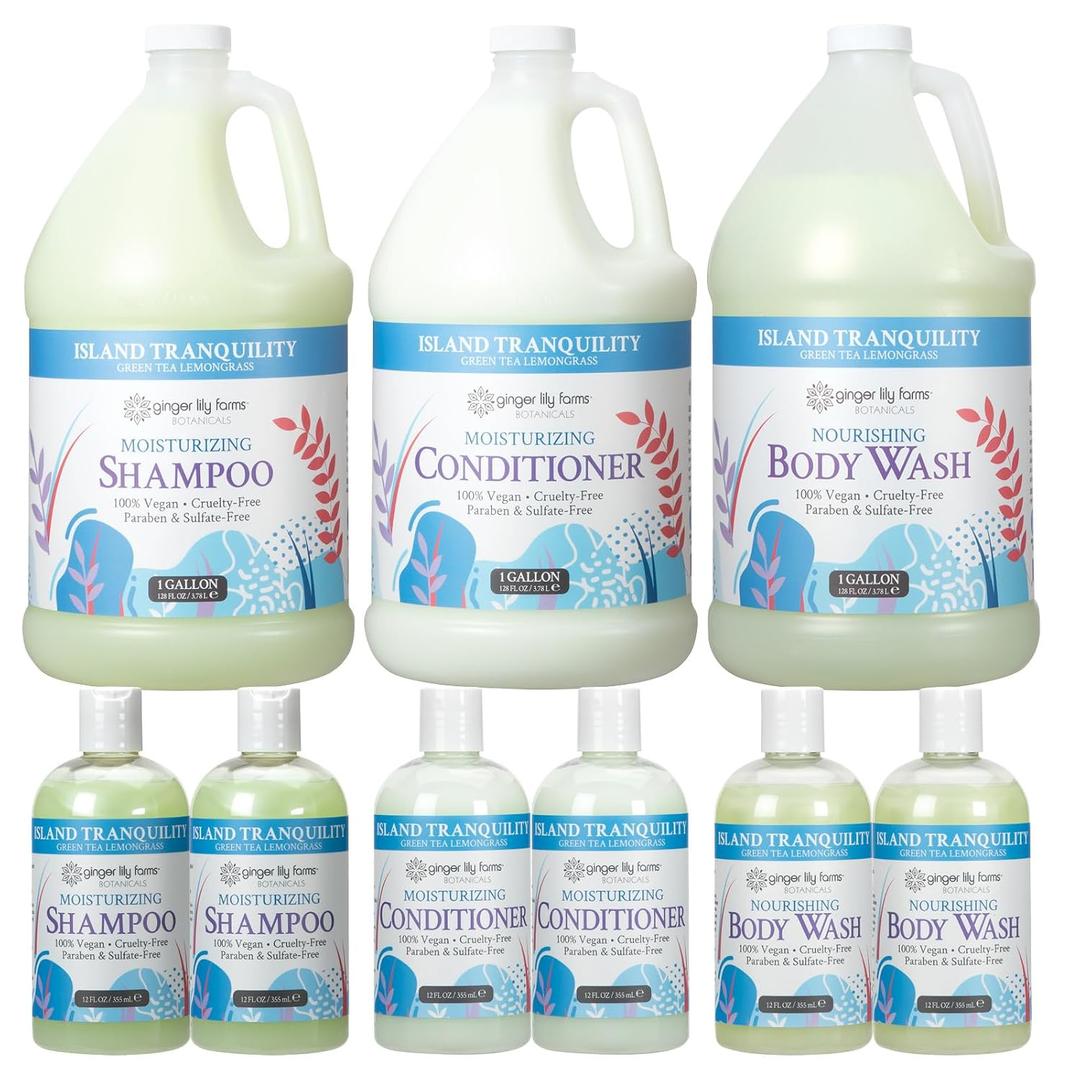 Ginger Lily Farms Botanicals Hospitality Kit, Island Tranquility, 9-Pc Set Includes Shampoo, Conditioner & Body Wash, 100% Vegan & Cruelty-Free, Green Tea Lemongrass Scent