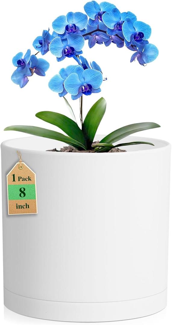 WSMKSZ 8 Inch Cylinder Plant Pots for Indoor Outdoor Plants, Medium Deep Flower Pots with Drainage Holes & Saucer, Decorative Plastic Planter Pots for Garden House Plants, White
