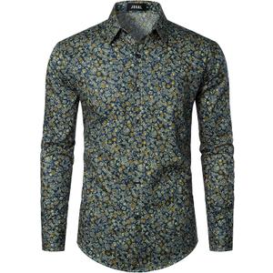 JOGAL Mens 70s Floral Dress Shirt Long Sleeve Printed Casual Button Down Shirts (Large, Navy Yellow)
