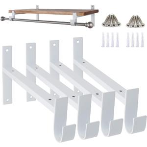 AddGrace Closet Rod Bracket Heavy Duty Shelf Brackets 8 Inch White Wall Mounted Closet Rod Support with Pole Holder Industrial Iron Shelving Supports with Hook (4 Pack)