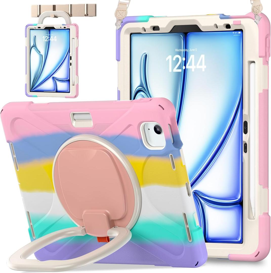 BATYUE Case for iPad Air 11-inch M4 (2026)/ M3 (2025)/ M2 (2024), iPad Air 5th/4th 10.9 inch(2022/2020), iPad Pro 11" 4th/3rd/2nd/1st Kids Cover with 360 Rotating Stand, Pencil Holder, Strap, Pink (01-Colorful Pink)