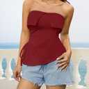 Women Tube Tops Trendy Summer Going Out Strapless Backless Bustier Drawstring Ruched Side Split Asymmetrical Bandeau Shirt (Red, XL)