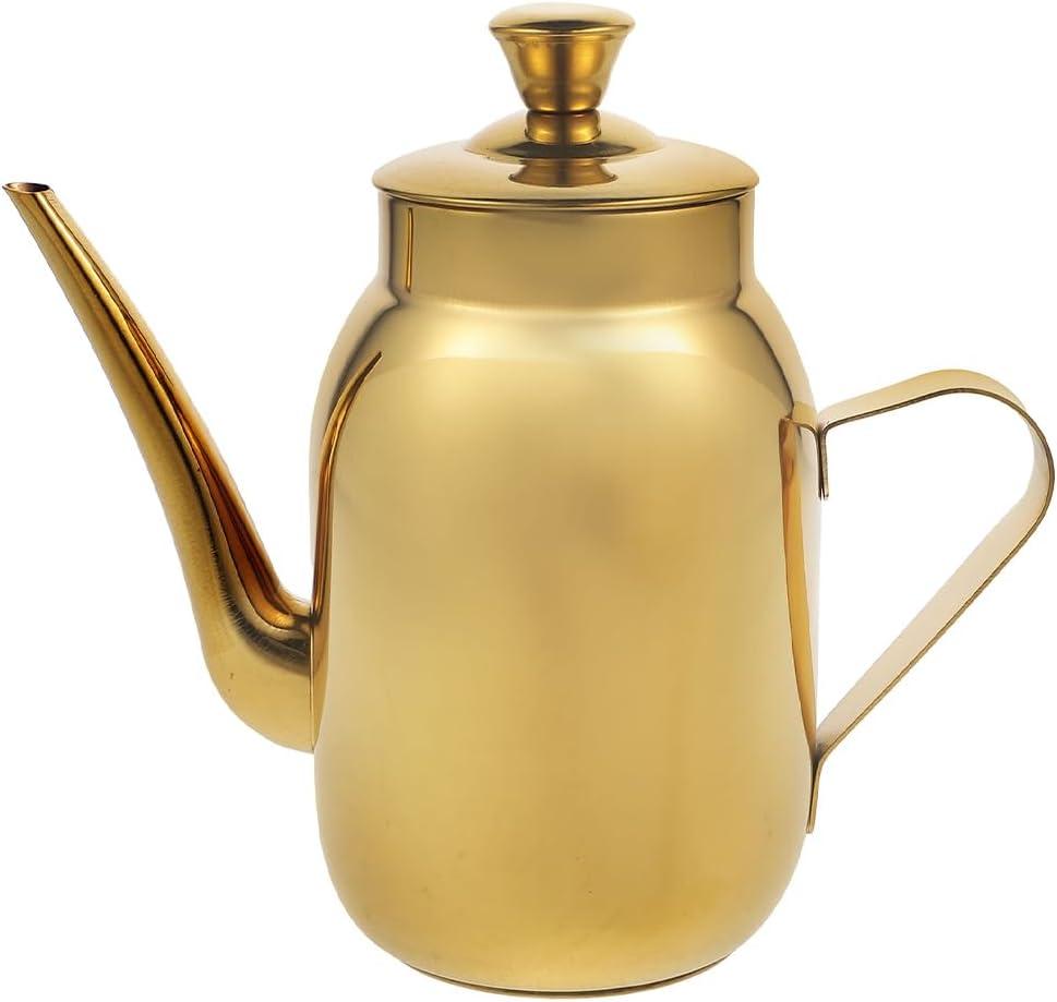 Amosfun 420ml Olive Oil Bottle Dispenser Stainless Steel Drop-free Pouring Oil Pot Kitchen Vinegar Cruet Storage Container Kitchen Favors (Gold)