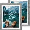 Hongkee 12x16 Picture Frame Set of 2, Rustic Grey Wood Style - Display 12 x 16 Poster without Mat or 11x14 Picture with Mat, Wall Mounting Horizontal and Vertical, Grey