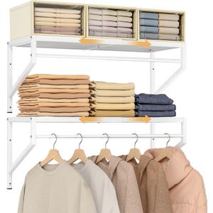 ThreeHio Expandable Closet Shelves Wall Mounted, 2 Pack Closet Shelving with Hanging Rods, Wall Shelving for Walk-in Closet, Hanging Shelves Organizer and Storage for Closet, Laundry