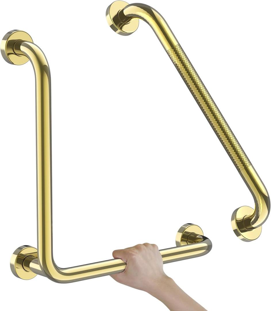 Polished Gold L-Shaped Grab Bar 16x16 Inch + Knurled Shower Grab Rail 20 Inch, Zepolu Stainless Steel Angled Toilet Safety Bar, Bathroom Mobility Aid Handrail, Balance Support Assist Bar for Senior