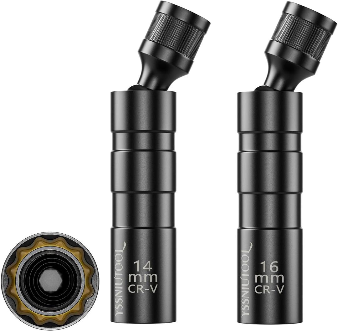 Swivel Magnetic Spark Plug Socket,3/8-Inch Total Length,12-Point Thin Wall Socket with Enhanced Magnetic Design for BMW,Mini,Nissan and More Black (14MM+16MM)