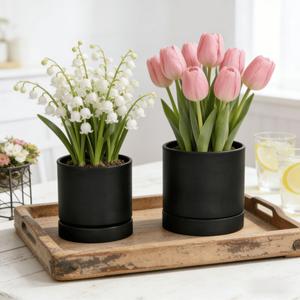 GreenShip Planter Set of 2 (9.8" & 7.8") – Dual-Use Self-Watering or Traditional Indoor Cylinder Flower Pots with Saucers & Side Drainage – Durable Lightweight Clay & Resin Blend