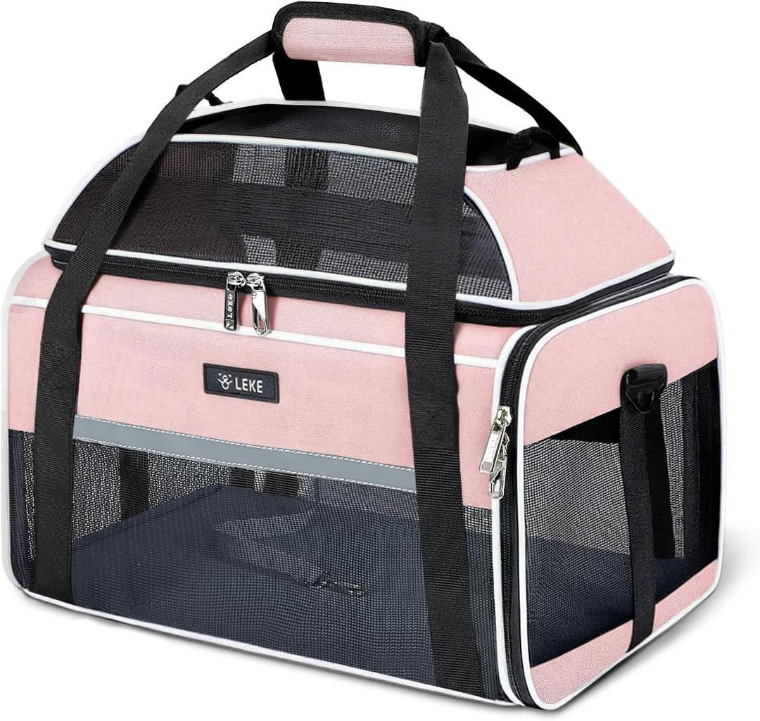 Lekereise Top-Expandable Pet Carrier 17x11x9.5 Inch Alaska TSA Airline Approved Soft Sided Underseat Up to 12lbs Travel Carriers for Small Cats and Dogs with Locking Safety Zippers Anti-Scratch Mesh (Pink)