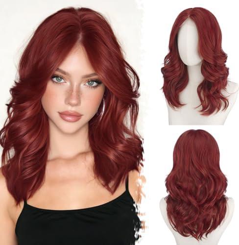 BARSDAR Short Wavy Copper Red Layered Wig - Shoulder Length Wavy Copper Wigs for Women - Short Loose Wave Textured Layered Face-Framing Curtain Bangs Wig Soft Synthetic Natural Looking Daily Party
