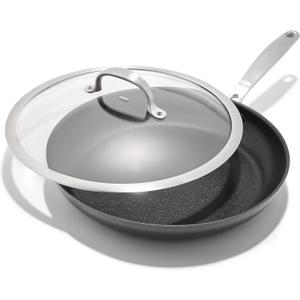 OXO Enhanced 12 Nonstick Frying Pan Skillet with Lid, Ceramic PFAS-Free Cookware, Durable Hard Anodized, Scratch Resistant, Stainless Steel Handle, Eggs & Omelets, Dishwasher & Oven Safe, Black