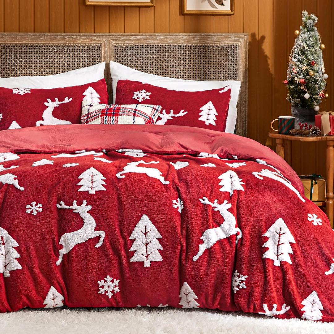 Bedsure Fluffy Christmas Duvet Cover Set - Ultra Soft Plush Shaggy Comforter Cover King Size, Warm Flannel Fleece Bed Sets for Winter, 3 Pieces, Reindeer Pattern, Red (King (104" x 90"))