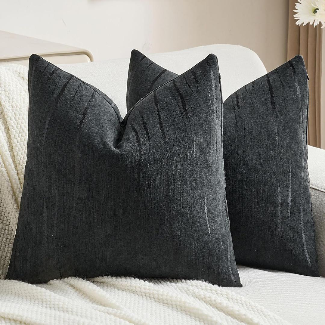 FUTEI Pack of 2 Chenille Decorative Throw Pillow Covers 26x26 Inch,Soft Embossed Striped Textured Euro Pillow Shams,Modern Home Decor for Couch Bed Living Room,Black