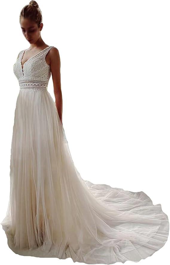 Sorayan Wedding Dresses for Bride Illusory Lace Bohemia V Neck Layers Tulle A Line Beachy Wedding Gown, 3XL