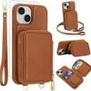 Phone Case for iPhone 15 6.1 inch Wallet Cell Cover with Tempered Glass Screen Protector Wrist Crossbody Strap Lanyard Stand RFID Blocking Credit Card Holder i Phone15 i15 15Case Women Men Girls Brown