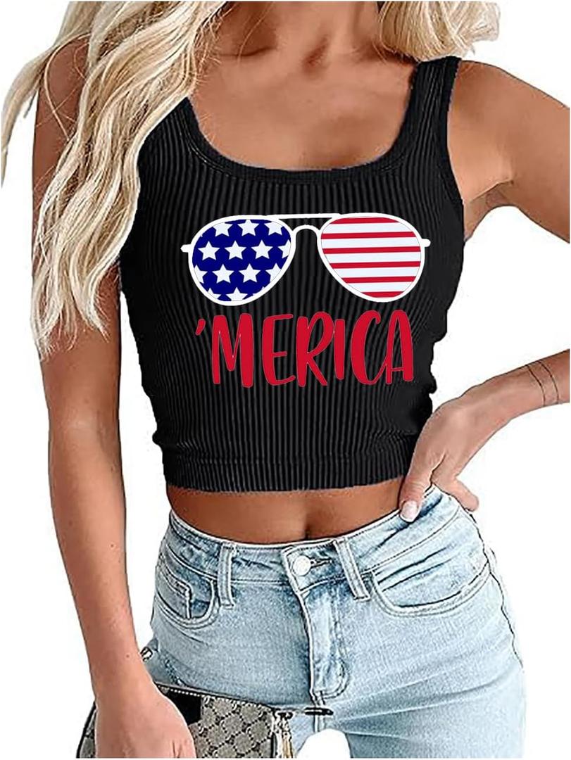 American Flag Crop Tank Tops Women 4th of July Patriotic T Shirt Girls USA Flag Stars Stripes Graphic Cami Tops (Small, Black4)