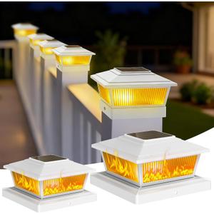Solar Post Cap Lights Outdoor for 4x4 5x5 6x6 Wood/Vinyl Posts, 6 Pack Fence Post Solar Lights with Flickering Flame & Warm Modes for Deck/Garden/Patio, IP65 Waterproof - White