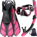 Mask Fins Snorkel Set, Snorkeling Gear for Adults, Panoramic View Snorkel Mask Anti-Fog, Adjustable Dive Flippers, Dry Top Snorkel and Travel Bag, Scuba Gear for Swimming Snorkeling Diving (Small-Medium, Pink Black)
