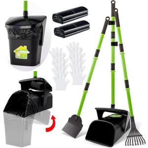 LANNEY Pooper Scooper - 38" Long Adjustable Metal Handle Dog Pooper Scooper Swivel Bin & Rake & Spade with 50 Bags Attachment, Portable Heavy Duty Dog Poop Scooper for Yard Dogs Large Medium Small (Black and green)