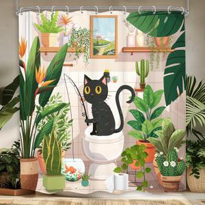 Funny Cat Shower Curtain 60Wx72H Kids Black Cat Cute Cartoon Animal Pet Kitten Tropical Plant Hilarious Fun Green Leaves Cactus Bathroom Decor Bath Curtain Fabric Polyester 12 Pack Hooks