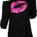 Smile Fish Women Casual Oversized Sexy Lips Print Off Shoulder T-Shirt (Black, XXL)
