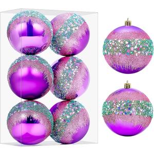 6 PCS Christmas Balls Ornaments, 3.15-Inch Hanging Balls, Plastic Decorative Hanging Ornaments Purple and Turquoise Glitter, Baubles Set for Xmas Tree Party Decoration