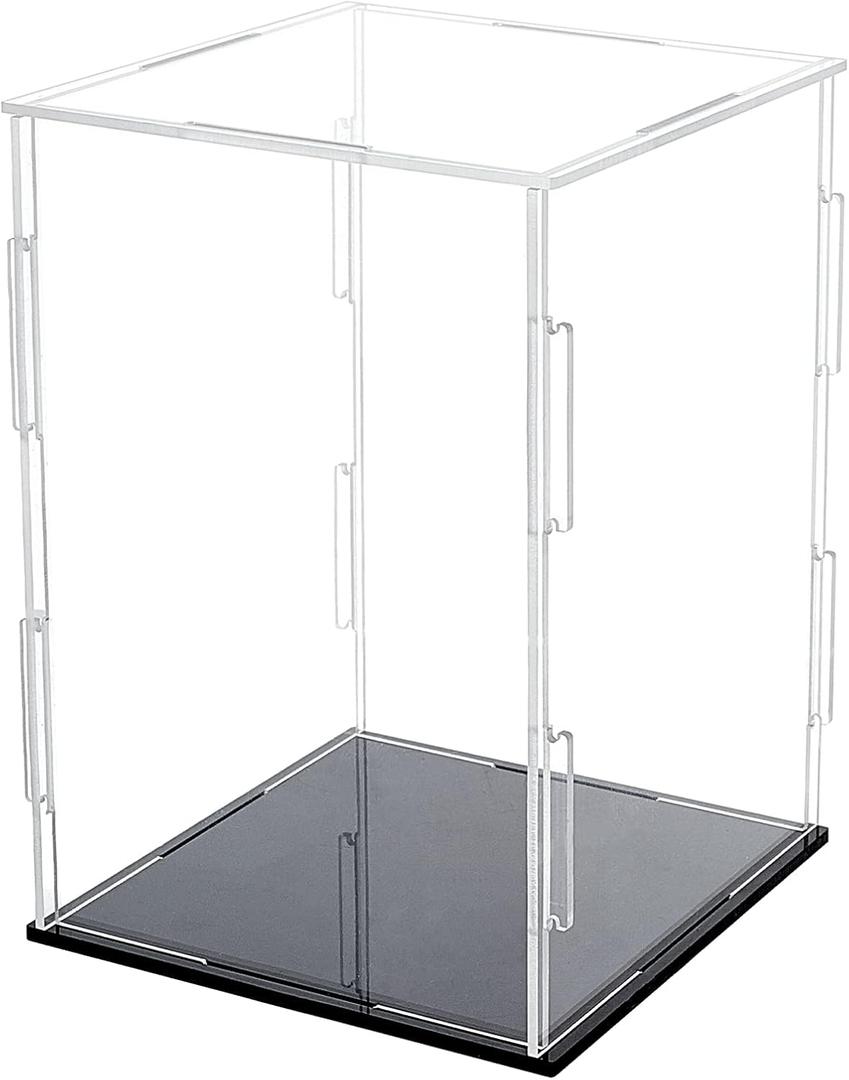 FINGERINSPIRE Acrylic Box with Black Stand and Rubber Band, 4x4x6 inch Cube Clear Acrylic Display Cases for Collectibles, Self-Assembly Dustproof Countertop Box for Toys and Collections