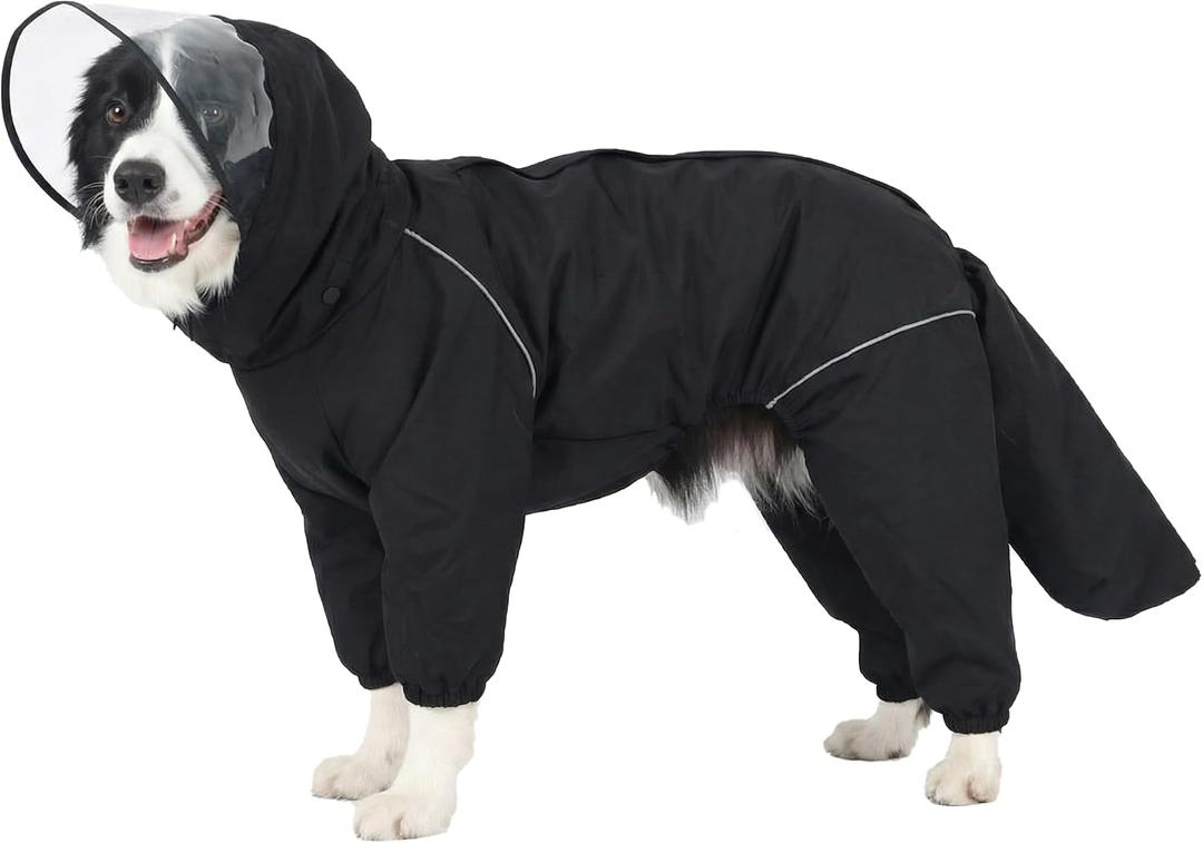 Dog Raincoat for Medium Large Dogs,rain Jacket Coat, Full Leg Coverage Waterproof Rain Suit with Detachable Hood & Tail, Reflective Strips, Snag-Free Top Zipper (Black for Girl, Medium)