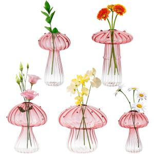 Hewory Glass Mushroom Vase for Flowers, 5pcs Pink Small Bud Flower Vases Unique, Mushroom Propagation Hydroponic Vases, Funky Cottagecore Decor for Home Room Kitchen Office Windowsill Decorations