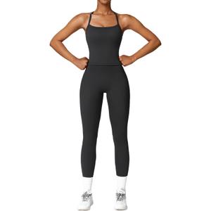 Womens Workout Sets Two Piece Cross Back Tank Top Matching High Waist Leggings Sets Gym Outfits Work Out Clothes (Medium, Black)